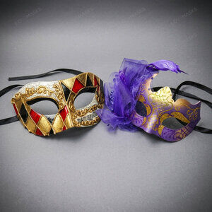 Venetian Harlequin Feather Masquerade Mask Purple Gold Halloween Party mask
